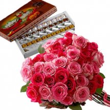 Half Kg Mix Sweets and 6 Pink roses bouquet