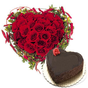 1 Kg Cake and 24 red roses heart