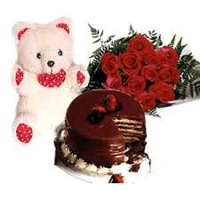 Cake with 12 red roses bouquet and teddy