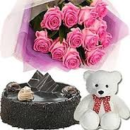 12 pink roses with 1/2 kg cake and teddy