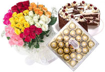 50 Mix roses bunch bunch + 1 kg cake+ 24 pcs ferrero rocher
