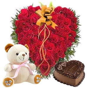 Fifty heart shaped roses+1 kg cake+ teddy