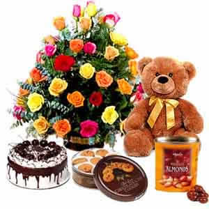 Basket 24 mix roses+1/2  kg cake+ teddy+ cookies