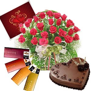24 red roses basket+4 temptation chocolates+1 kg Cake+ card