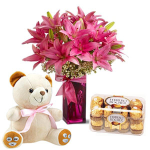 6 lilies vase+16 ferrero chocolates+ 6 inch teddy