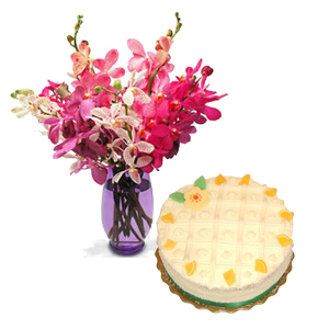 Orchids in glass vase+ 1 kg cake