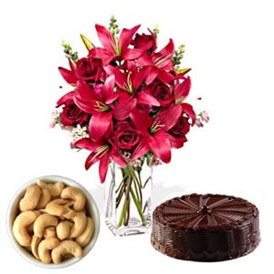 6 lilies vase+200 gm cashews+1 kg cake