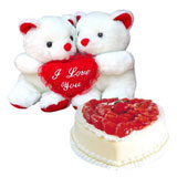 2 teddies 6 inch each+ 1 kg heart shape strawberry cake