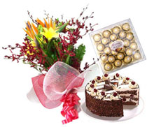 24 Mix flowers bunch + 1 kg cake+ 24 pcs ferrero rocher