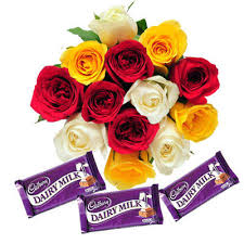 12 mix roses and 3 dairy milk chocolates