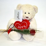 6 inch teddy with card, heart and single rose