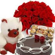 roses, teddy, 1/2 kg cake,16 packs ferrero rocher