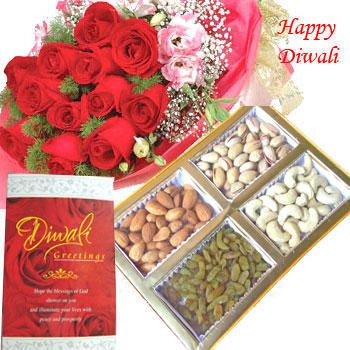 Hamper includes 500 gm mixed dry fruits box and bunch of 10 mixed color roses along with roli and tikka