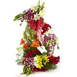 Large Arrangement-3 to 4 feet- of White and yellow lilies Red gerberas