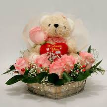 Teddy bear 6 inch with 12 pink roses basket