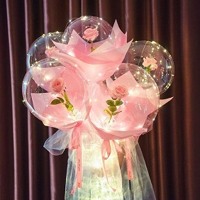 Luminous 5 pink roses inside 3 transparent balloon with White and Blue Wrapping