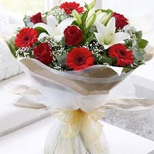 white lilies with red roses bouquet